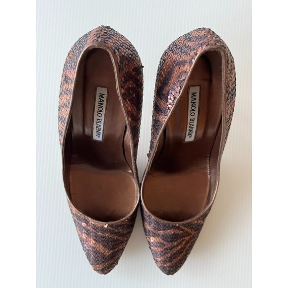 Manolo Blahnik Purple & Bronze Sequin Animal Stripe Heels, Size 39 (IT) 9 (US) - Picture 2 of 11